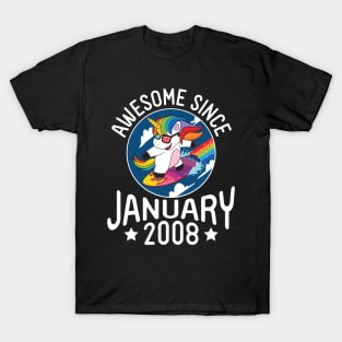 Happy Birthday 13 Years Old To Me Dad Mom Son Daughter Unicorn Surfing Awesome Since January 2008 T-Shirt